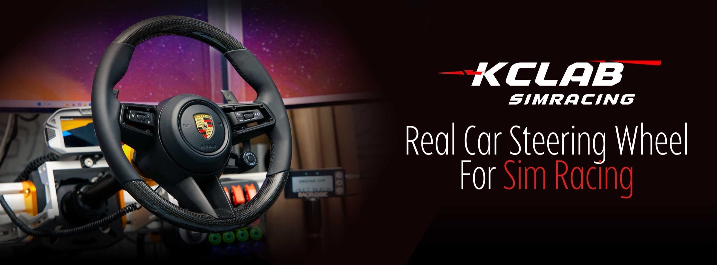 KCLAB hero banner showing a real car steering wheel for sim racing