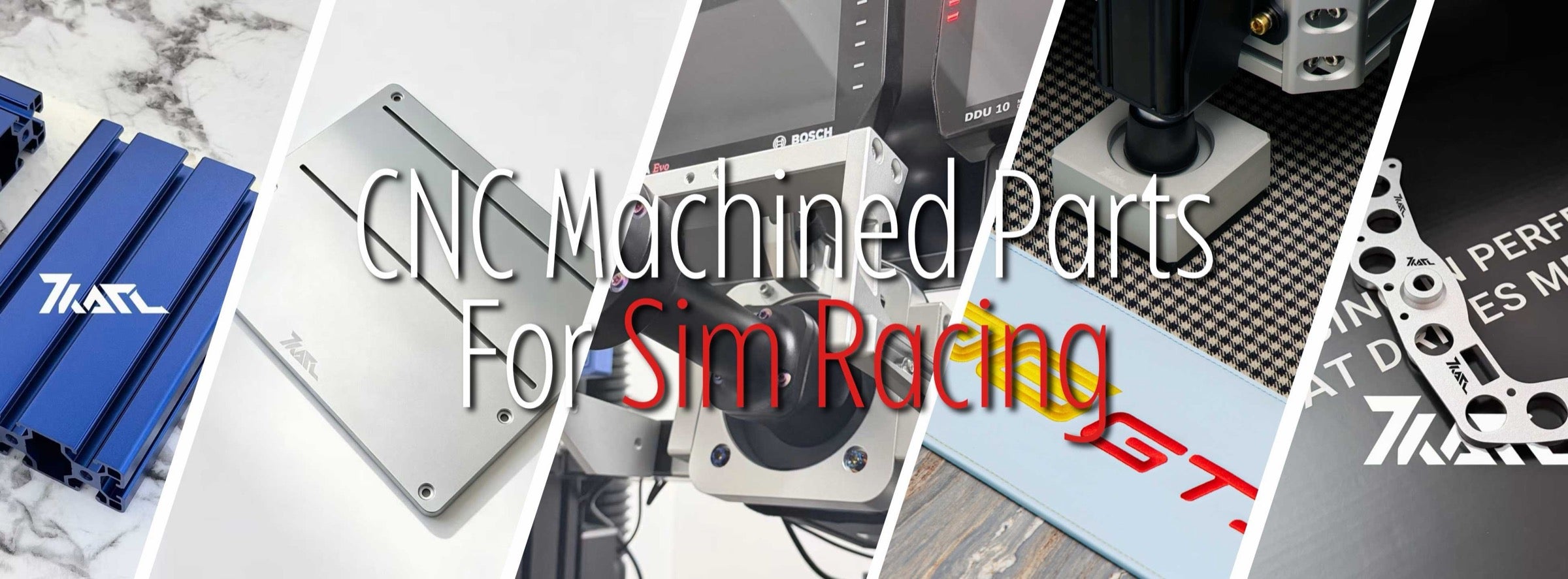 KCLAB hero banner showing CNC machined sim racing parts