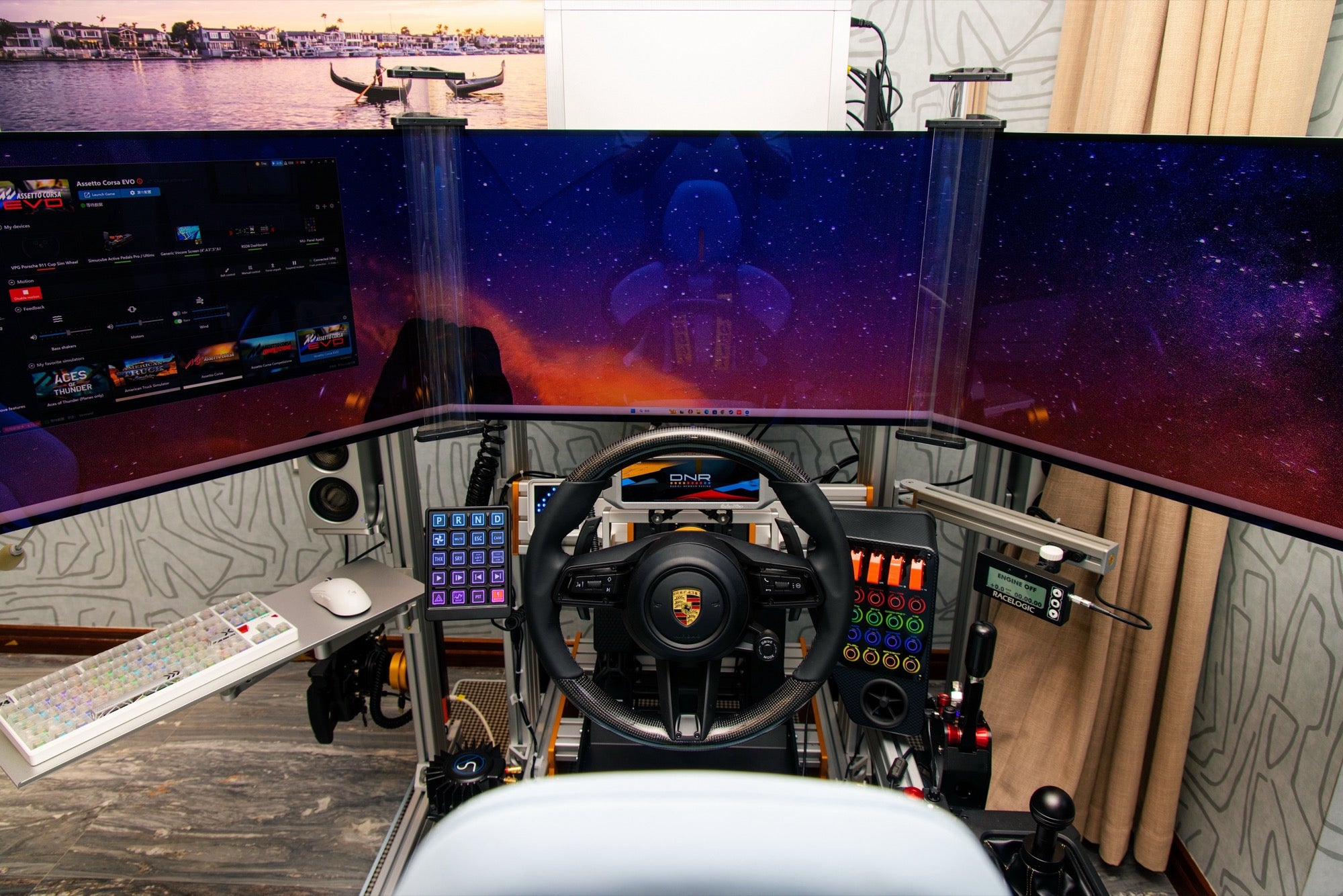 Driver's view of KCLAB owner's triple screen sim racing cockpit