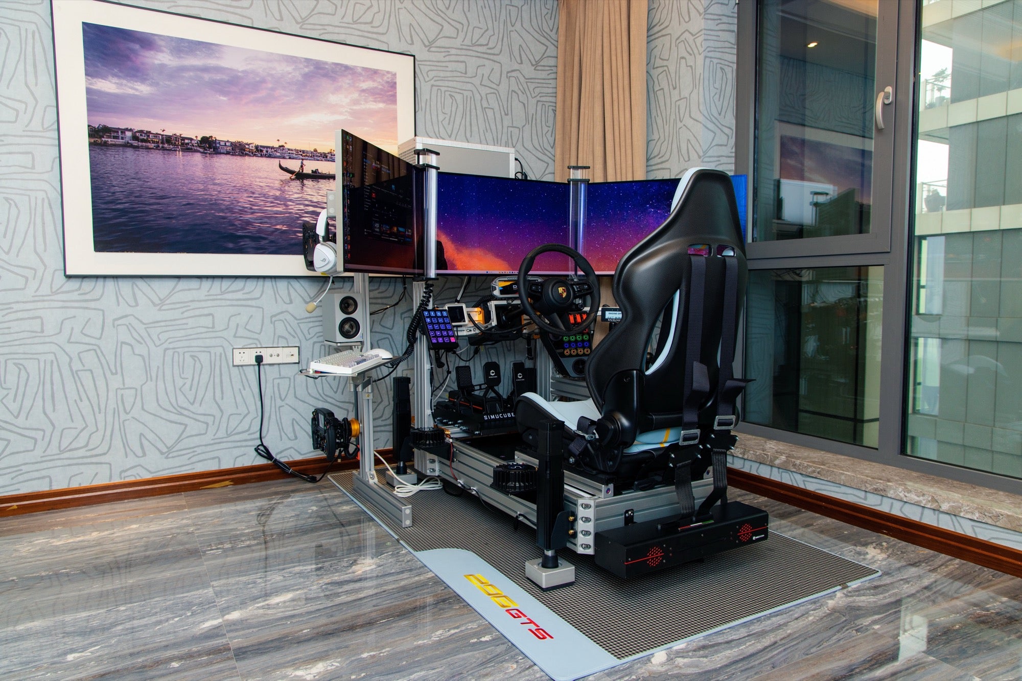 Rear three-quarter view of KCLAB owner's sim racing rig